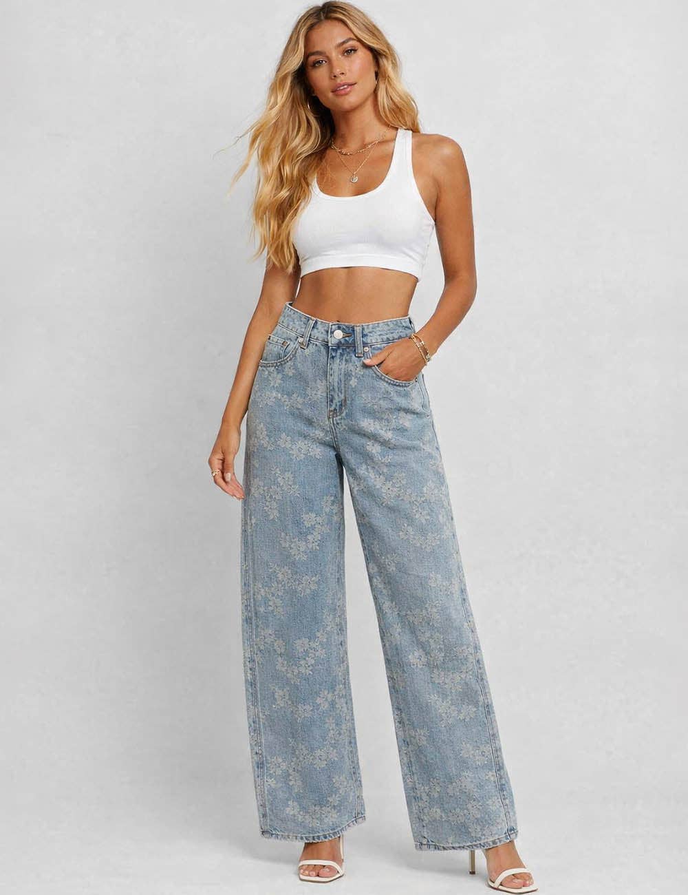 Floral Jacquard Button Pocket Wide Leg Denim Pants | SM127
