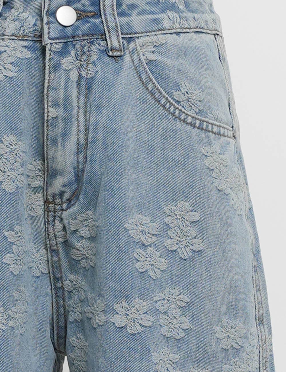 Floral Jacquard Button Pocket Wide Leg Denim Pants | SM127