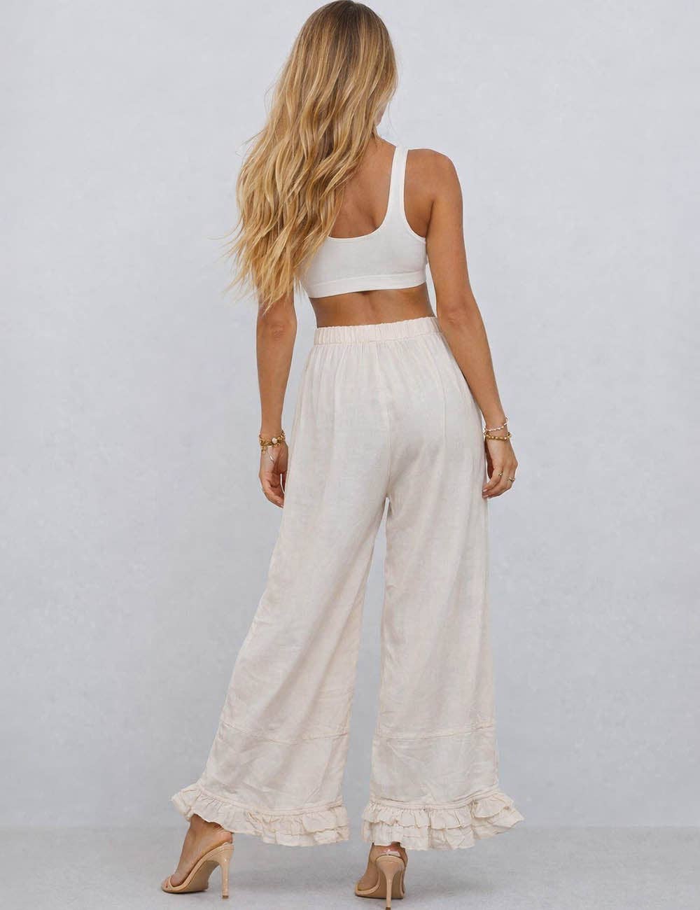 Drawstring Ruffle Hem Wide Leg Pants | SM126