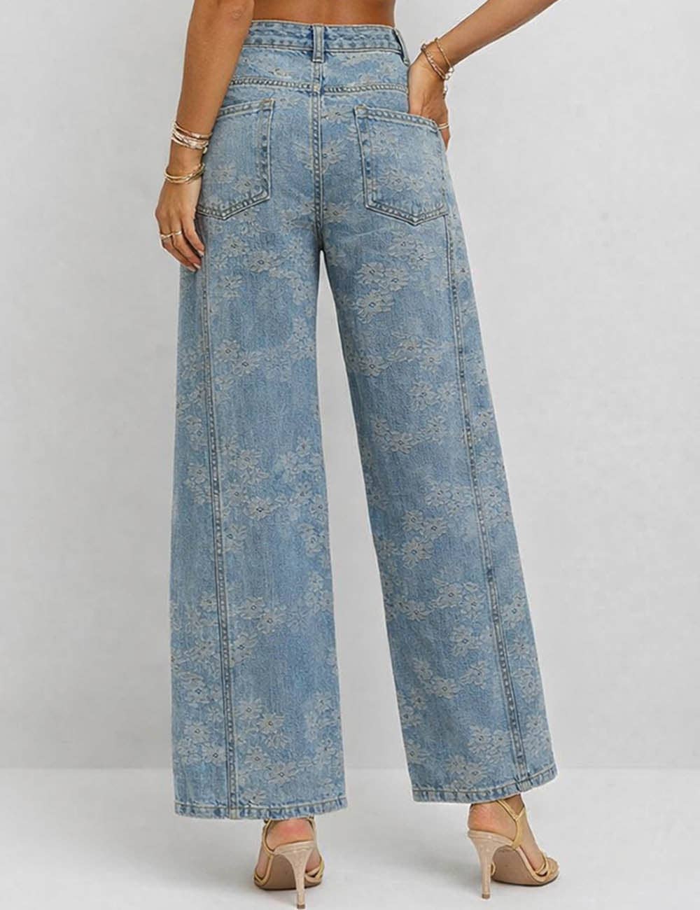 Floral Jacquard Button Pocket Wide Leg Denim Pants | SM127