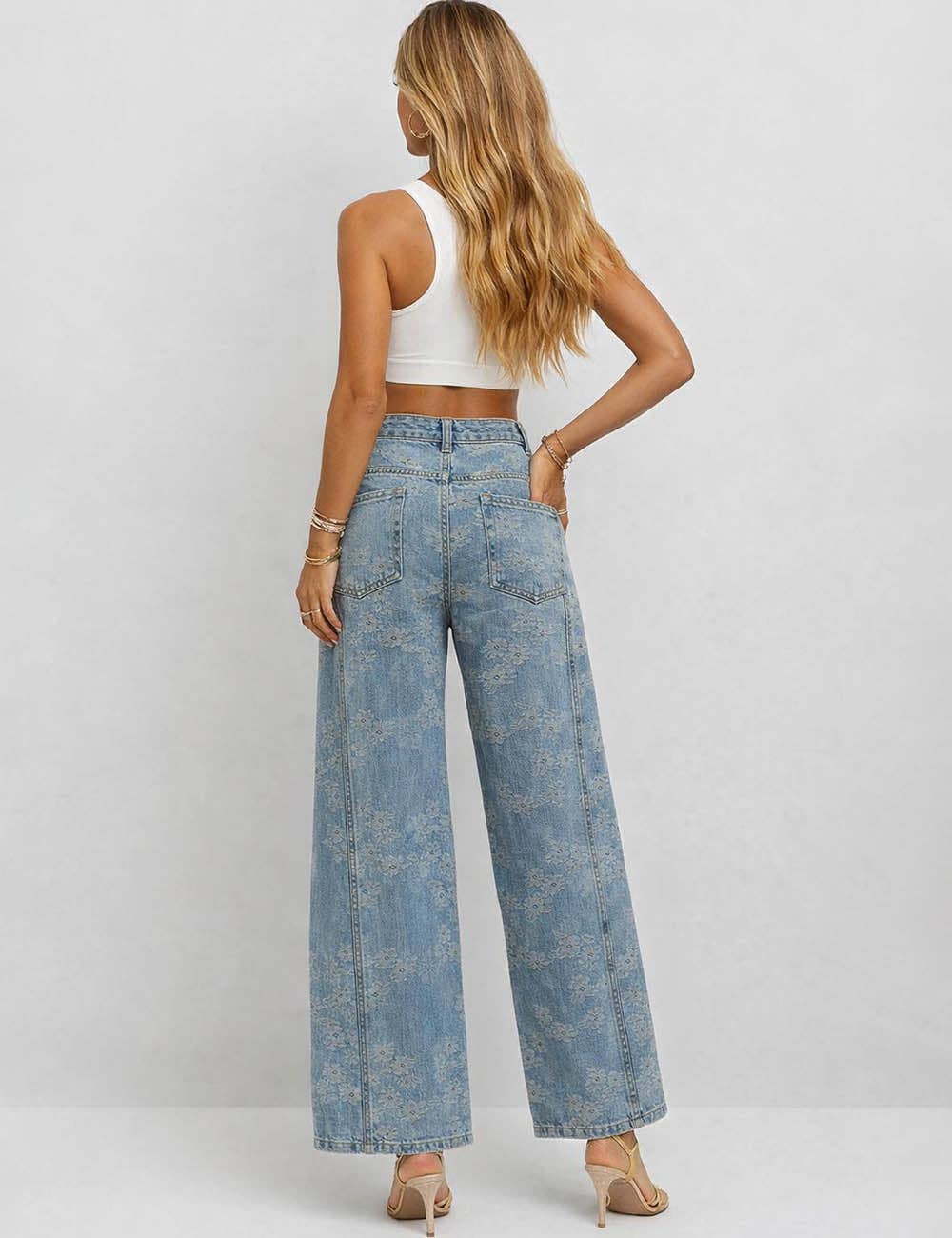 Floral Jacquard Button Pocket Wide Leg Denim Pants | SM127