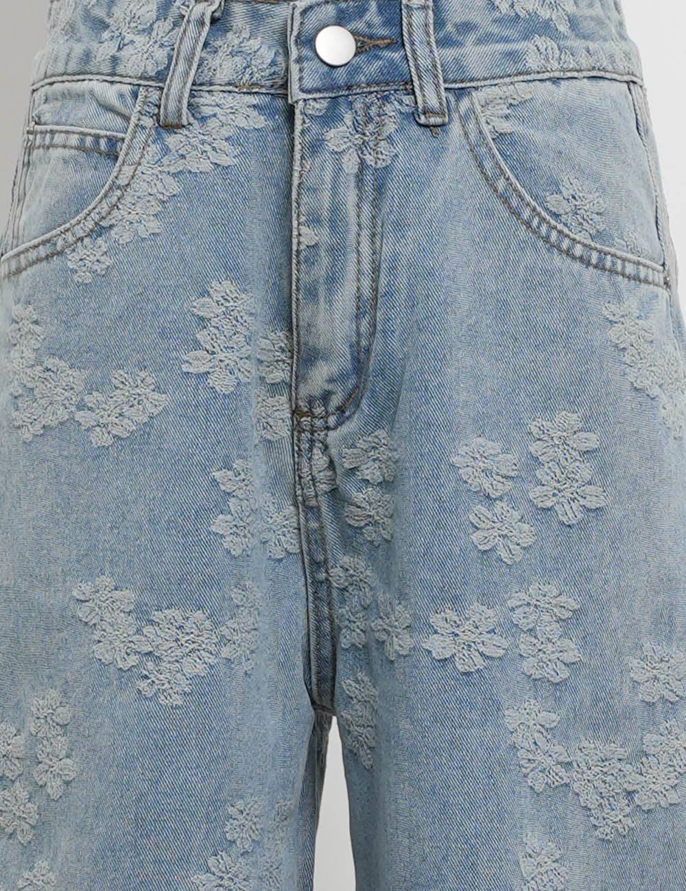 Floral Jacquard Button Pocket Wide Leg Denim Pants | SM127
