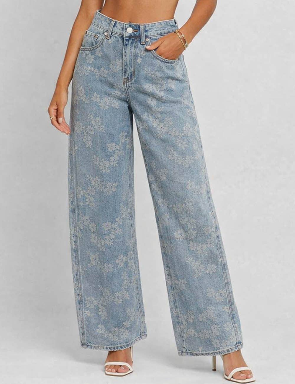 Floral Jacquard Button Pocket Wide Leg Denim Pants | SM127