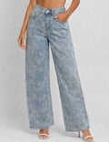 Floral Jacquard Button Pocket Wide Leg Denim Pants | SM127