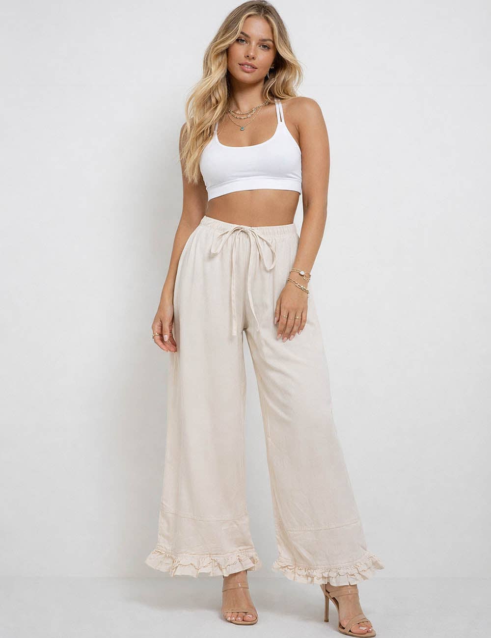 Drawstring Ruffle Hem Wide Leg Pants | SM126